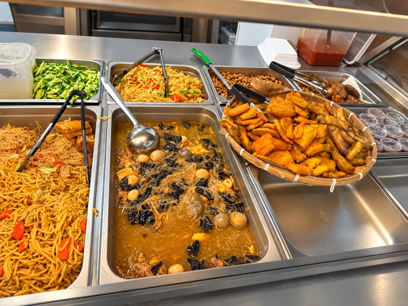 Counter trays of noodles, a glass-noodle soup with eggs and a basket of fried fritters
