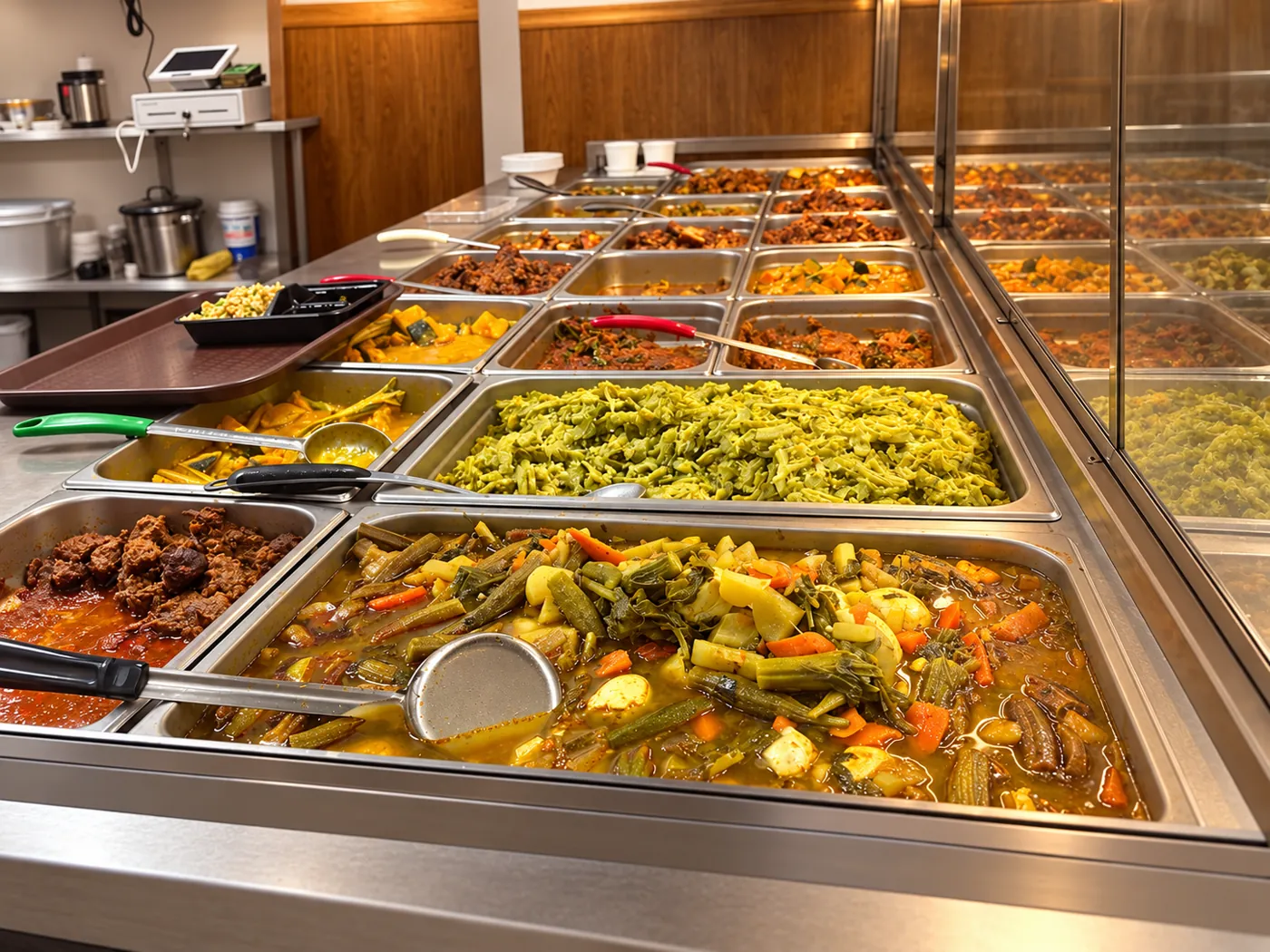 Rows of counter trays with curries and cooked vegetables under a glass guard