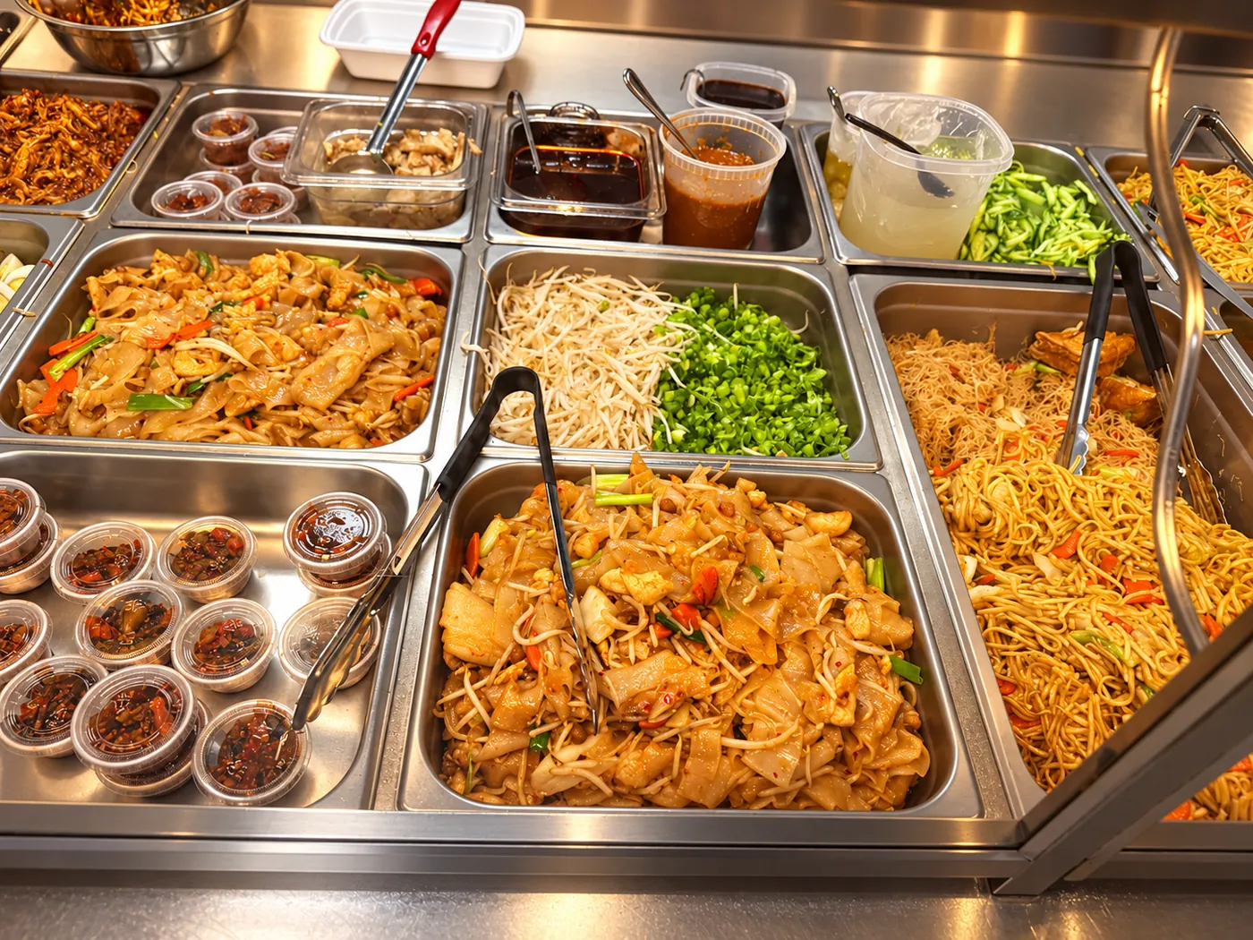 Steel counter trays of stir-fried flat noodles, bean sprouts, scallions and vermicelli